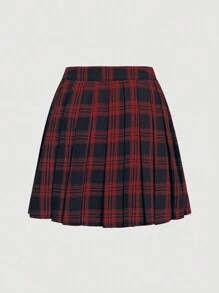 SHEIN Qutie Plaid Printed Pleated Skirt - Red - View 2
