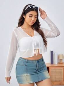 SHEIN EZwear Knit Mesh Tie-front Plus Size Top