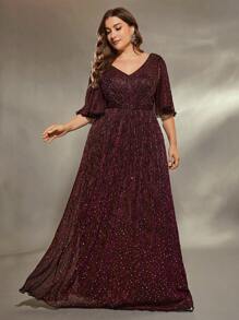 V-Neck Flare Sleeve Chest Pleated Shimmery Sequin A-Line Maxi Dress - Red Violet - View 1