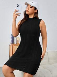 SHEIN EZwear Women's Plus Size Solid Color Rib Knitted Sleeveless Dress - Black - View 1