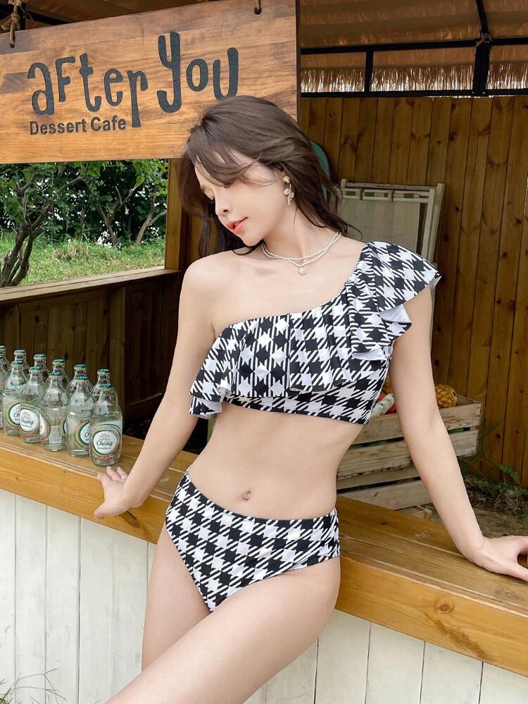 Women's One-Shoulder Ruffle Trim Houndstooth Printed Bikini Set Summer Beach,Tankini Bathing Suit