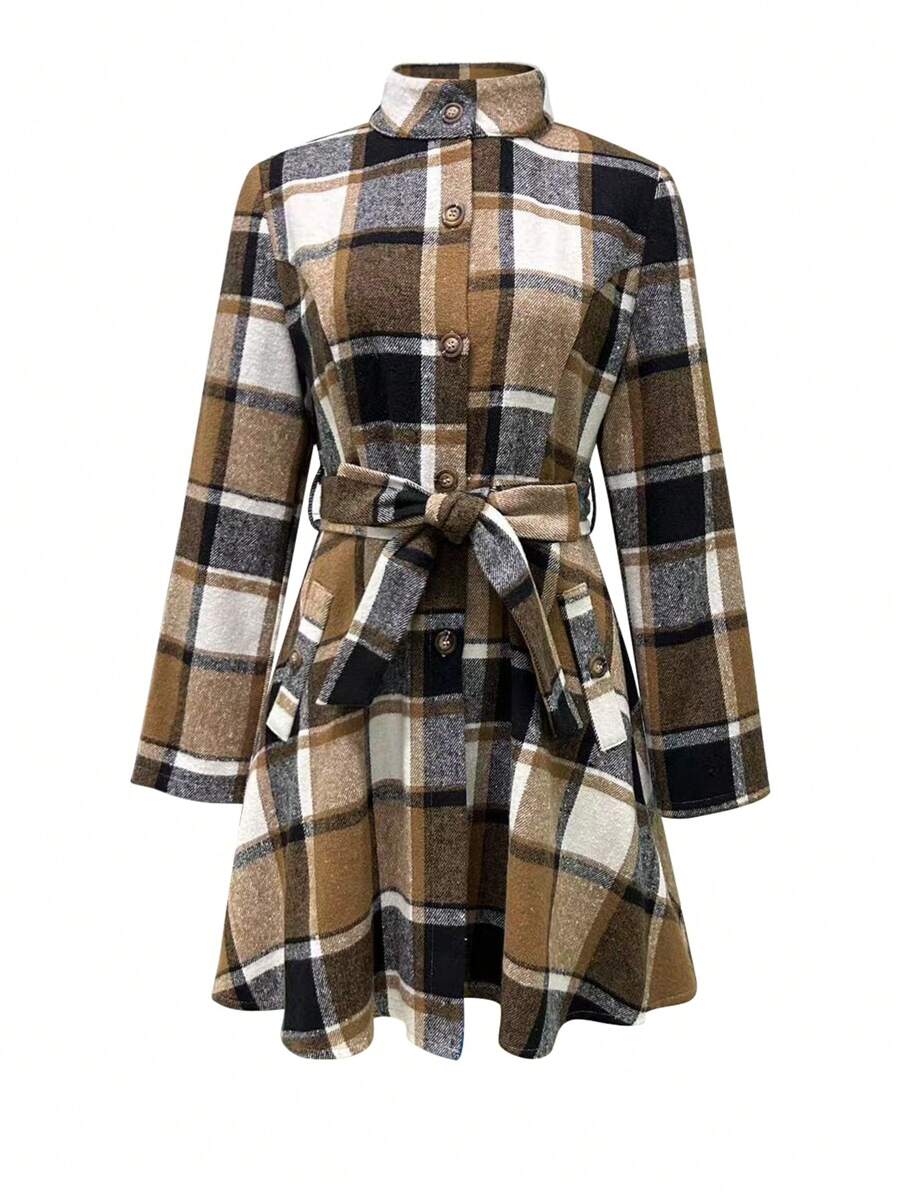 SHEIN LUNE Checked Woolen Coat With Buttons - Multicolor - View 1