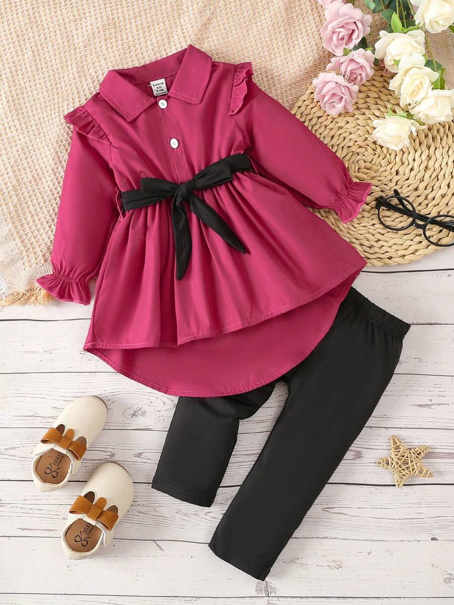 SHEIN Em bé Cô gái Ruffle Cạnh Trang trí Nút xuống Bộ áo sơ mi và quần - Màu Đỏ Sâu - Xem 1