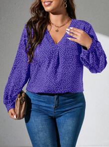 Calvaya Plus Polka Dot Print Lantern Sleeve Blouse - Purple - View 1