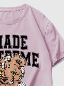 ROMWE MEN Street Life Men Cartoon & Letter Graphic Tee & Striped Trim Drawstring Waist Shorts - Pink - View 3