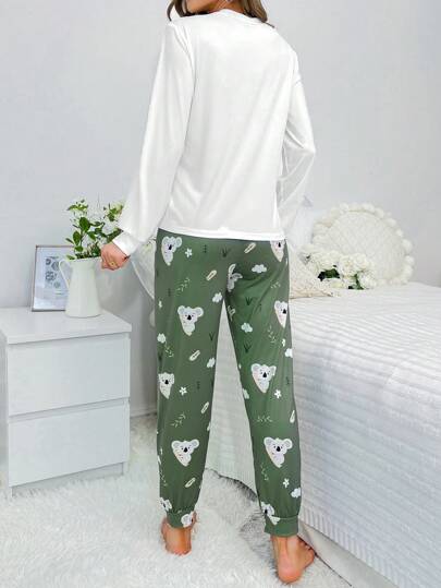 Koala Letter Graphic Wit Top Pants PJ Set Pajama Set, Fall Clothes Cozy Elegante view 2