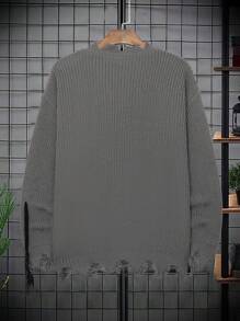 Manfinity Homme Suéter De Talla Grande Para Hombres Con Detalles Desgastados Y Estampado De Alfabeto - Gris Oscuro - Ver 2