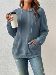 SHEIN Frenchy Dây rút áo có mũ Thả tay áo Áo nỉ - Màu xanh lam - Xem 5