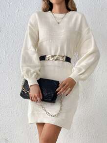 SHEIN Frenchy Solid Color Drop Shoulder Sweater Dress - Beige - View 6