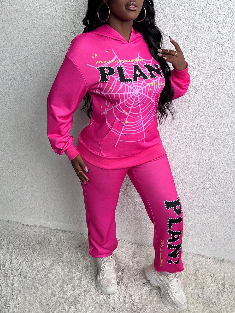 Slaydiva Mạng nhện & Lá thư In Hoodie Và Quần Bộ - Hồng - Xem 1