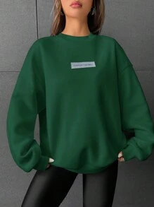 SHEIN EZwear Women's Knitted Round Neck Sweatshirt - Dark Green - View 1