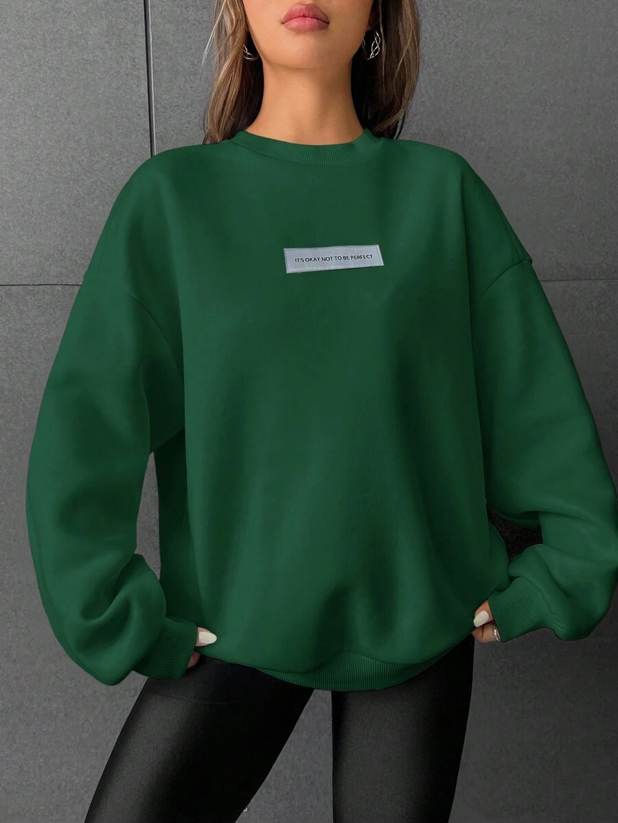SHEIN EZwear Women's Knitted Round Neck Sweatshirt - Dark Green - View 1