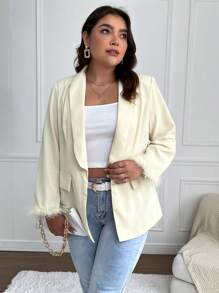 SHEIN Unity 大尺碼女式毛茸茸袖口開衫領子西裝外套 - 杏色 - 查看 4