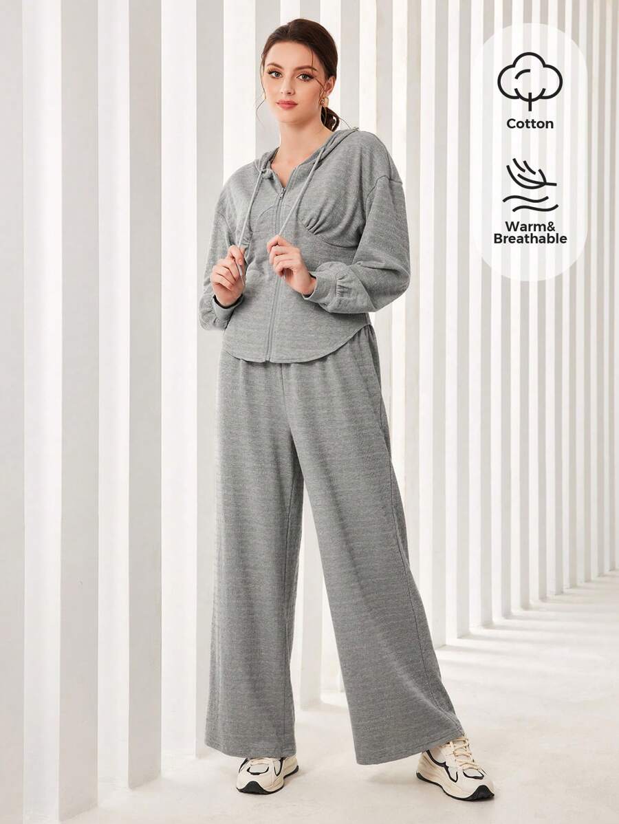 Seusyu Conjunto de 2 piezas con capucha con hombros caídos y cordón y pantalones de pierna ancha - Gris - Ver 1