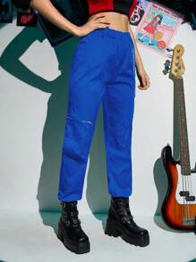 RueChic Chain Decorated Cargo Pants - Royal Blue - View 4