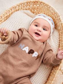 SHEIN Em bé Cô gái Giải trí & Retro & Thoải mái & Niềm vui Thêu Chữ Thiết kế Vòng cổ Tay áo dài Áo liền quần Đối với Mùa thu đông - Màu Khaki - Xem 3