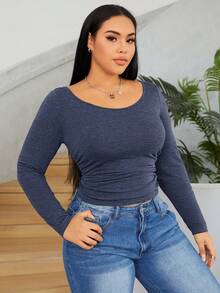 SHEIN EZwear Dệt kim Của phụ nữ Kích thước lớn Thon gọn Áo thun - Màu xanh hải quân - Xem 5