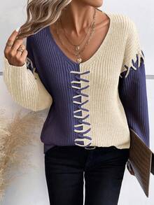 SHEIN LUNE V-necked Oversized Drop-shoulder Sweater - Purple - View 5