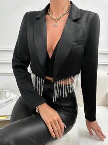 Zolique 女用鑽石流蘇裝飾下擺短西裝外套 - 黑色 - 查看 5