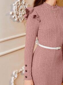 青少女針織毛茸茸質地連衣裙，配以肋狀袖口和鈕扣裝飾 - 粉色 - 查看 3