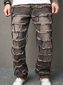 Manfinity EMRG Men Loose Raw Trim Straight Leg Jeans - Black - View 4