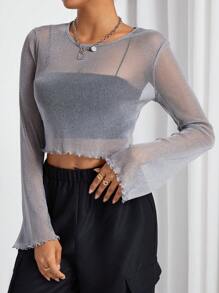 SHEIN EZwear Black Sheer Mesh Short Top For Women - Grey - View 4