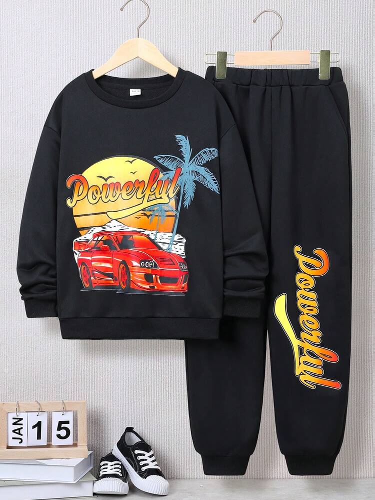 Tween Boys' Loose Casual Patterned Sweatshirt & Jogger Pants Set