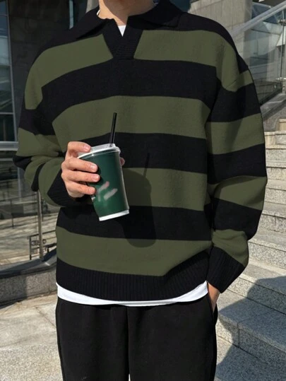 DAZY 男士条纹拼色针织秋季毛衣，垃圾摇滚风格