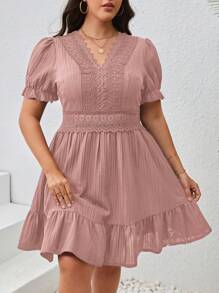 SHEIN VCAY Plus Size Lace Patchwork Puff Sleeve Summer Dress - Pink - View 5