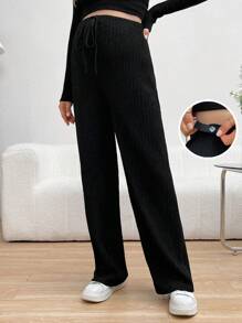 SHEIN 孕婦調節腰部直筒褲 - 黑色 - 查看 2