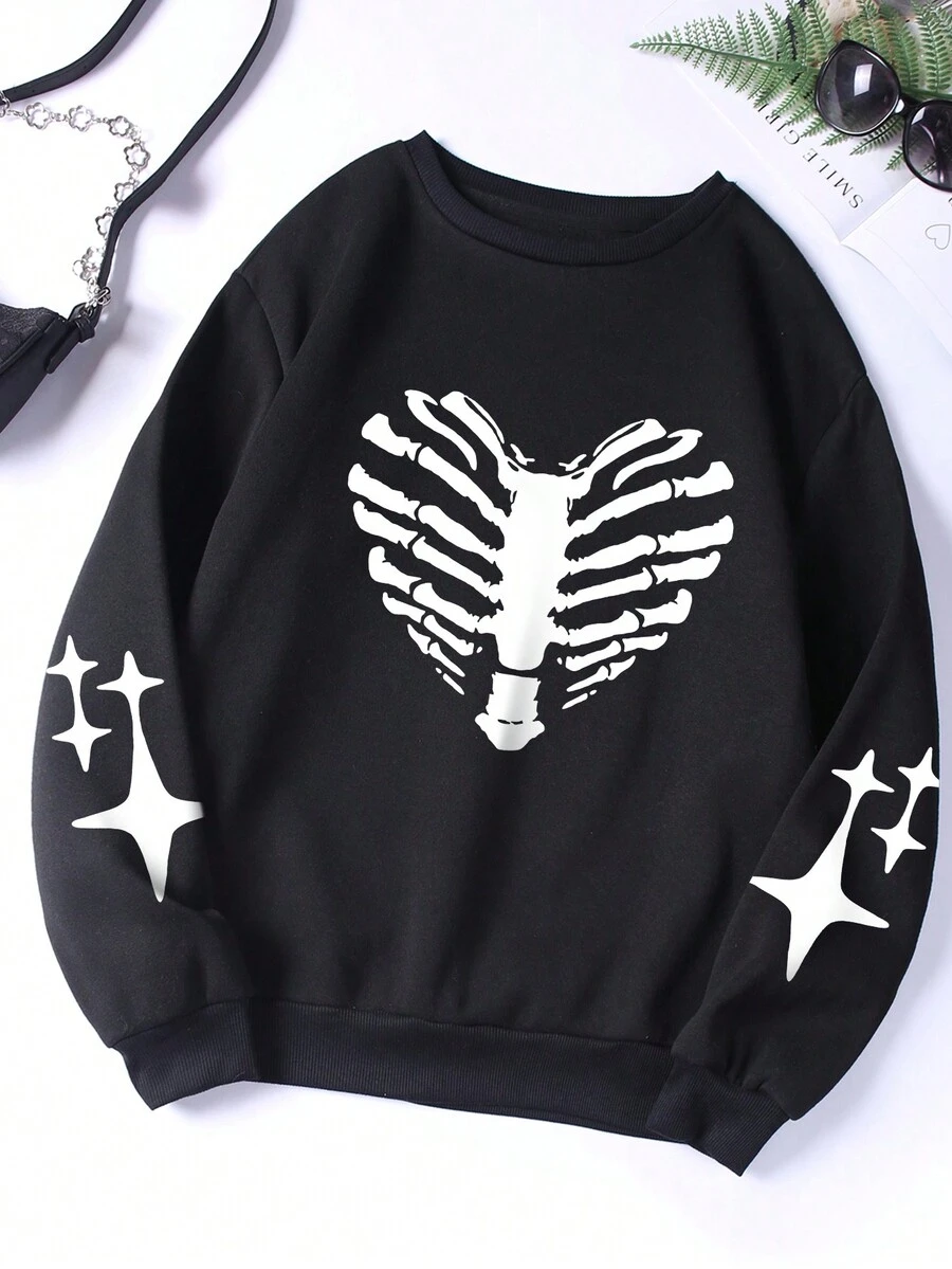 SHEIN EZwear 女士骷髏心臟印花運動衫 - 黑色 - 查看 1