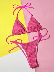 Sparkly Triangle Cup Halter Neck Bikini Set - Hot Pink - View 3
