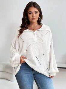 SHEIN Franclia 大尺碼白色寬鬆滑肩半拉鍊套頭毛衣 - 白色 - 查看 4