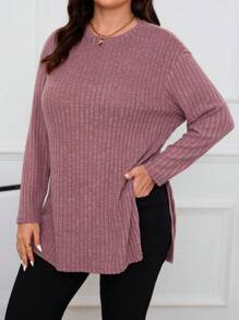 SHEIN Frenchy 大尺碼純色長袖t恤,配有分裂式下擺 - 藕粉色 - 查看 1