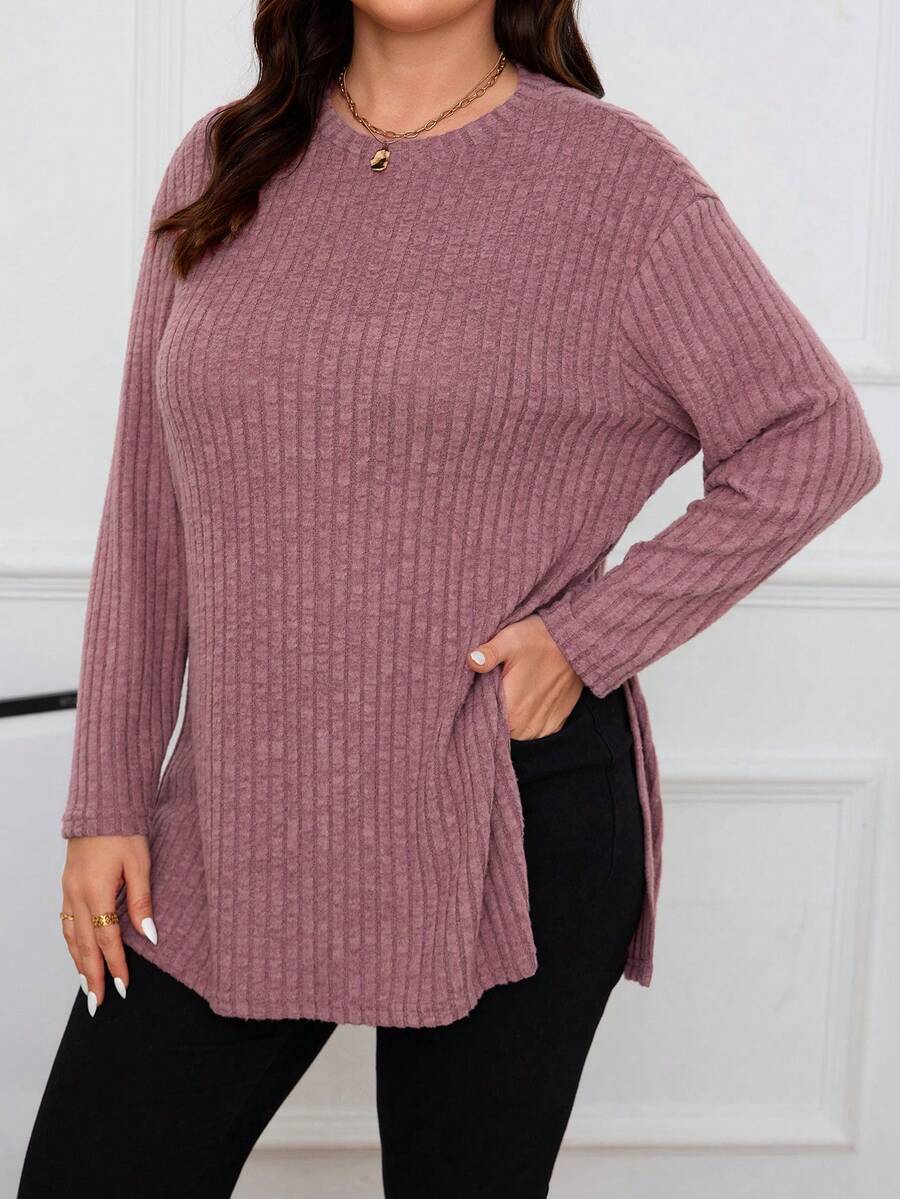 SHEIN Frenchy 大尺碼純色長袖t恤,配有分裂式下擺 - 藕粉色 - 查看 1