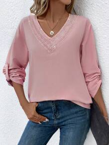 SHEIN LUNE Women's V-neck Lace Patchwork Shirring Sleeve Blouse With Ribbon Detailing - Pink - View 5