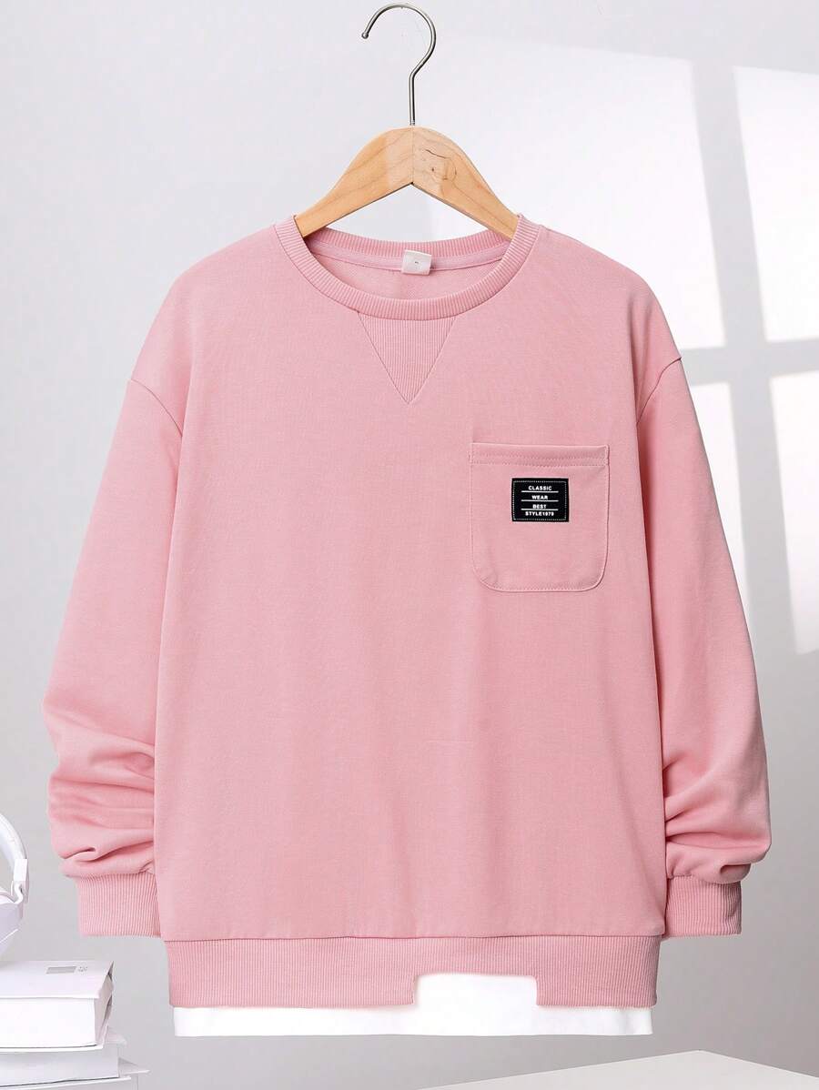 SHEIN Con trai Giải trí Vòng cổ Tay áo dài 2 trong1 Áo nỉ - Hồng - Xem 1