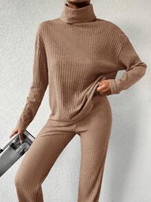 SHEIN Cottnline 2pcs Solid Color High Neck T-Shirt And Pants Set - Coffee Brown - View 4