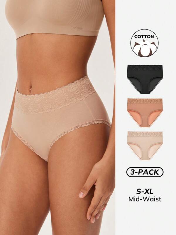LUVLETTE Set de 3 chiloți lenjerie intimă pentru femei, cu talie înaltă, din bumbac, cu dantelă și burete - Confort natural
