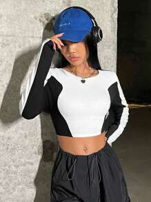 SHEIN EZwear 女款拼色圓領長袖短t卹 - 黑與白 - 查看 4