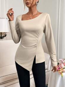 SHEIN Privé Áo thun dài tay xếp li viền bất đối xứng - Lạc đà - Xem 5