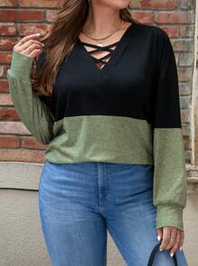 SHEIN LUNE Ladies Plus Size Color Block Cross Tie Dropped Shoulder Sweatshirt - Green - View 6