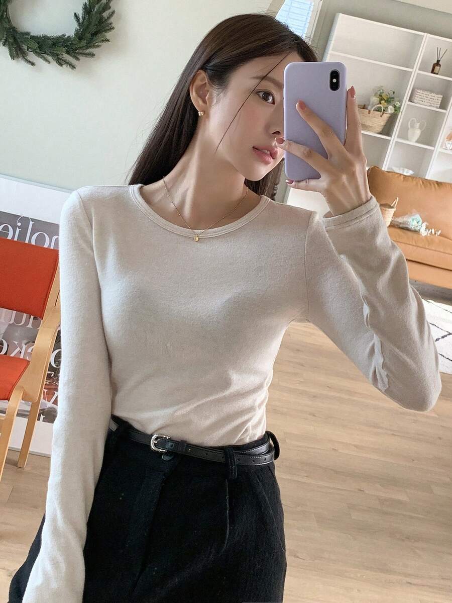 DAZY 女士純色t恤 - 杏色 - 查看 1