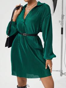 SHEIN Essnce 女士絲絨燈籠袖連衣裙 - 綠色 - 查看 2