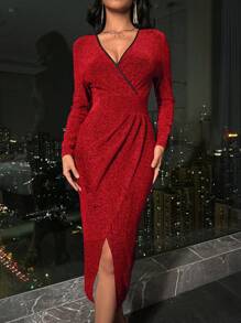 Allurite Women's V-Neck Waist-Cinching High Slit Hem Dress Burgundy Maxi Women Outfit - Burgundy - View 3