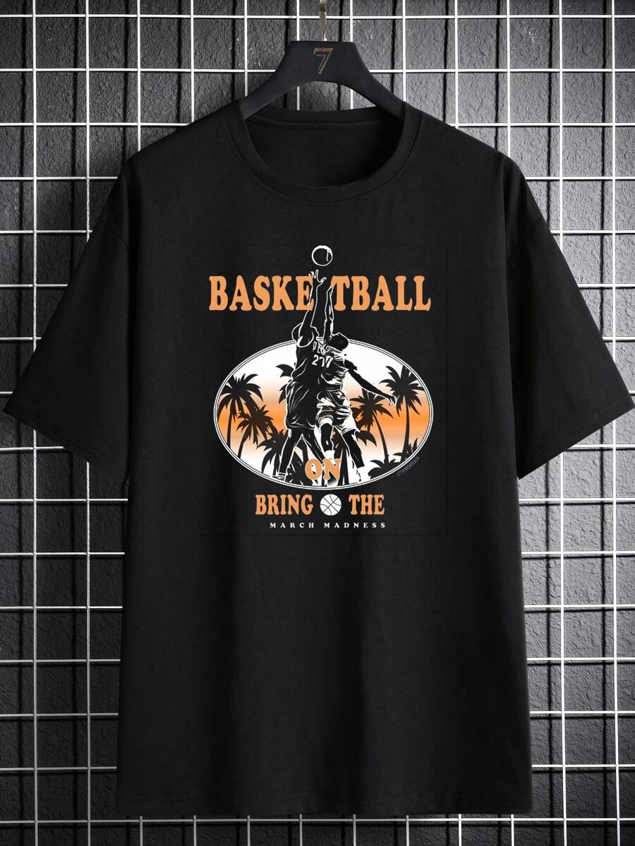 SHEIN 青少年男孩字母和棕櫚樹印花t卹 - 黑色 - 查看 1