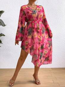 SHEIN Clasi Rochie de damă cu tiv asimetric cu imprimeu floral de mărime Plus - Multicolor - Vizualizare 4