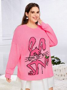 SHEIN EZwear Damen Pullover Mit Cartoon Häschen Muster In Plus Größe - Pink - Übersicht 5