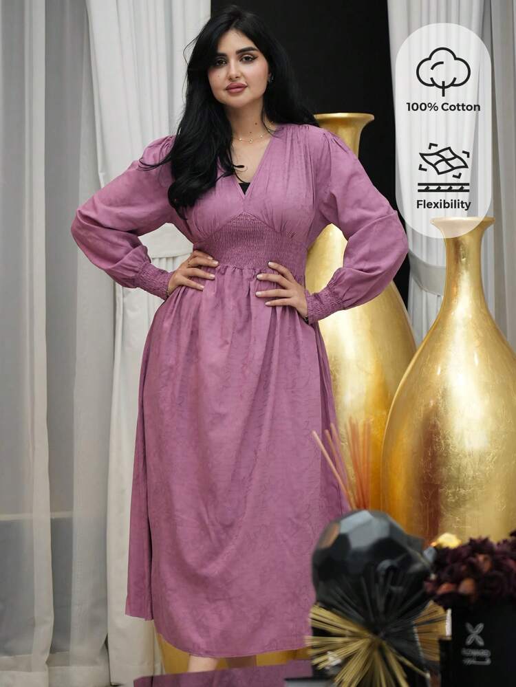 V Neck Lantern Sleeve A-Line Shirred Arabian Dress Long Evening Dresses