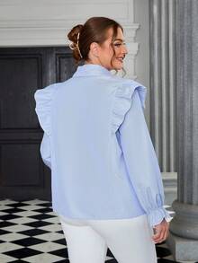 SHEIN Privé 大尺碼女裝垂直條紋衫,配褶邊修飾 - 藍白色 - 查看 3